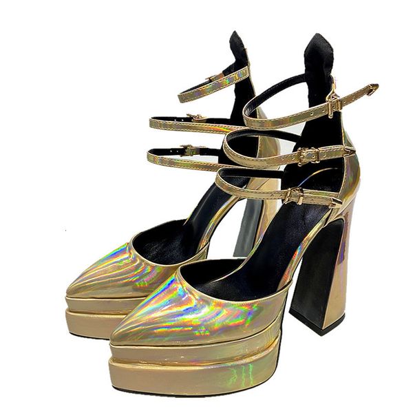 

dress shoes summer high-heeled pointed double-layer platform hollow european and american large patent leather women's 230223, Black