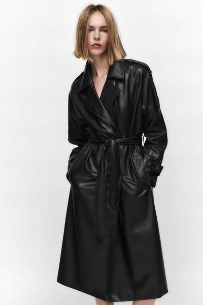 

women's leather faux same style autumn motorcycle long sleeve slim fit with belt imitation trench coat 230222, Black
