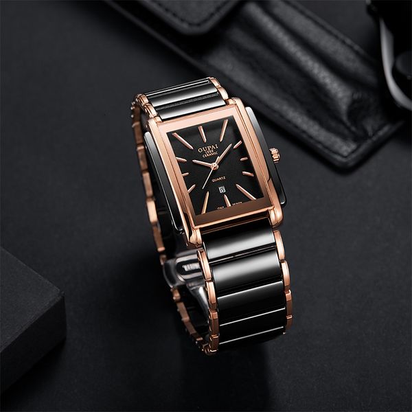 

wristwatches oupai rectangle business golden black ceramic watch man old fashion luxury waterproof quiz with calendar 230223, Slivery;brown