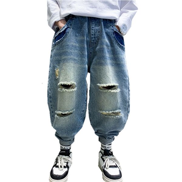 

jeans loose style cool boys ripped with hole fashion children kids denim pants teens destroyed trousers 5 7 9 11 13 14 230223, Blue