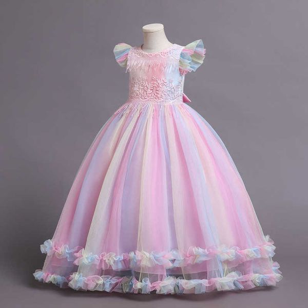

girl's dresses eachin 2022 new girls elegant mesh princess dresses fashion fly sleeve rainbow wedding dress children's long tulle, Red;yellow