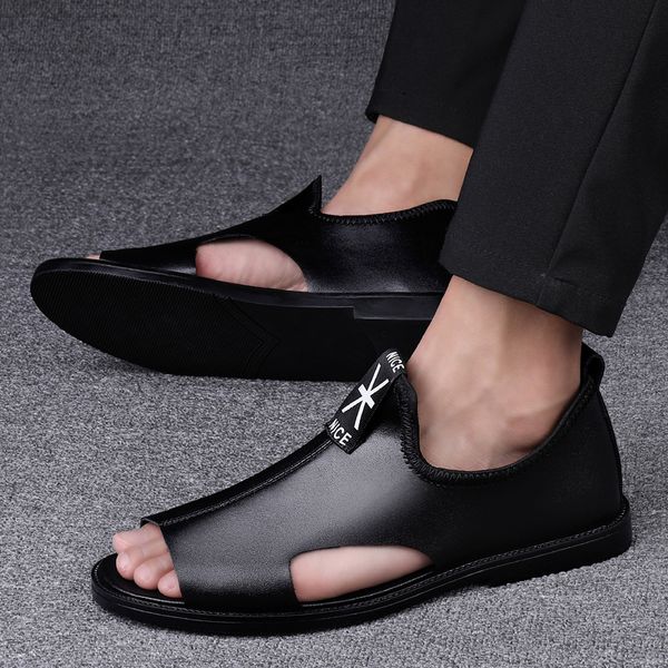 

sandals brand summer men sandals leisure beach men shoes genuine leather sandals fashion men's sandals 230223, Black