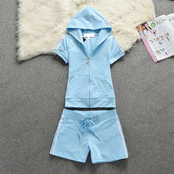 

blue two piece pants front pocket design short sleeve hooded zipper elastic-waist drawstring shorts 5 colors women two pieces sets summer, White