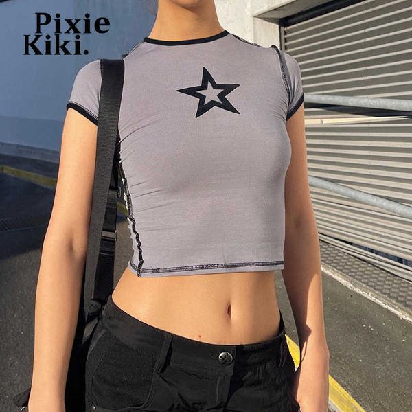 

women's t-shirt pixiekiki y2k star crop for women contrast stitch tight t shirts woman harajuku streetwear graphic tee summer 2023 p67, White