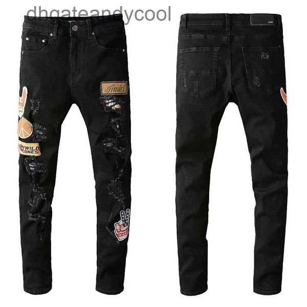 

amirs denim jeans designer pants man 687 chao brand light blue embroidery printed patch elastic 2023 slim fit small foot hole high street je