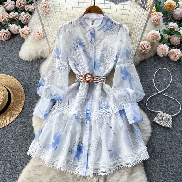 

spring premium sweet vintage dress single-breasted mid-length ruffle lace patch stand-up neck print dress, Black;gray