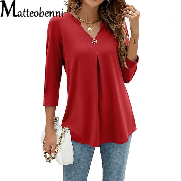 

women's knits tees elegant seventh sleeve female fashion v neck studded button trim pleated t shirt women street office daily 23 23022, White