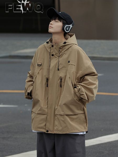 

men's jackets fewq 2023 autumn hooded trench coat outdoor waterproof male solid color threedimensional pocket jacket safari style 24a79, Black;brown