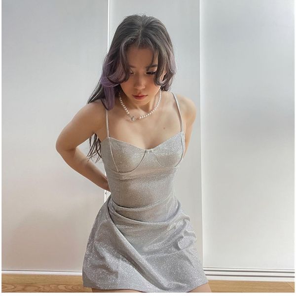 

casual dresses european american high waist suspender dres spring and summer 2023 shiny back zippered temperament short skirt 230223, Black;gray