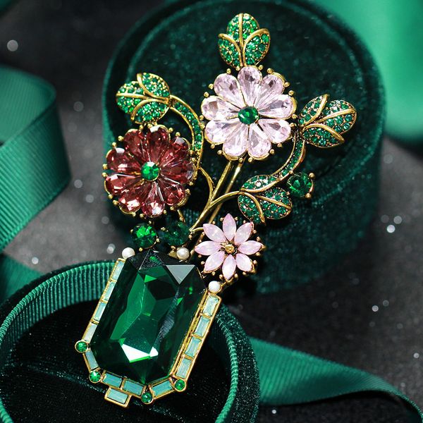 

pins brooches vintage high grade artificial green crystal vase brooch exaggerated zircon bouquet broochpin s accessories for decoration 2302, Gray