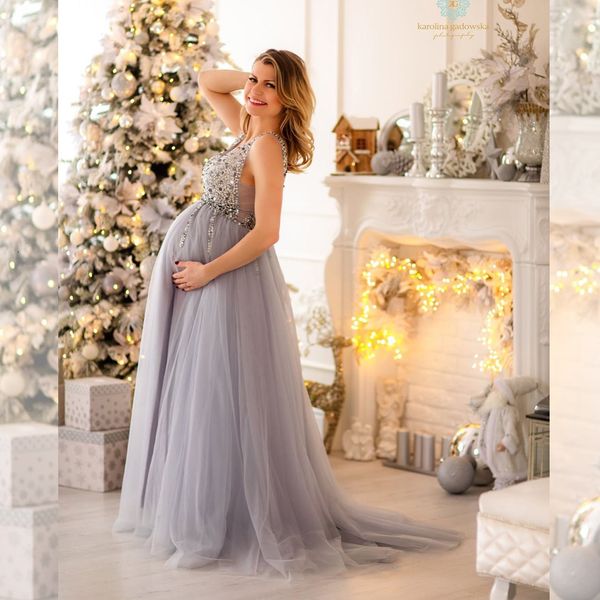 

sleep lounge maternity pography dresses ruffled puffy tulle women vneck high slit prom gown po shoot evening formal dress 230223, White