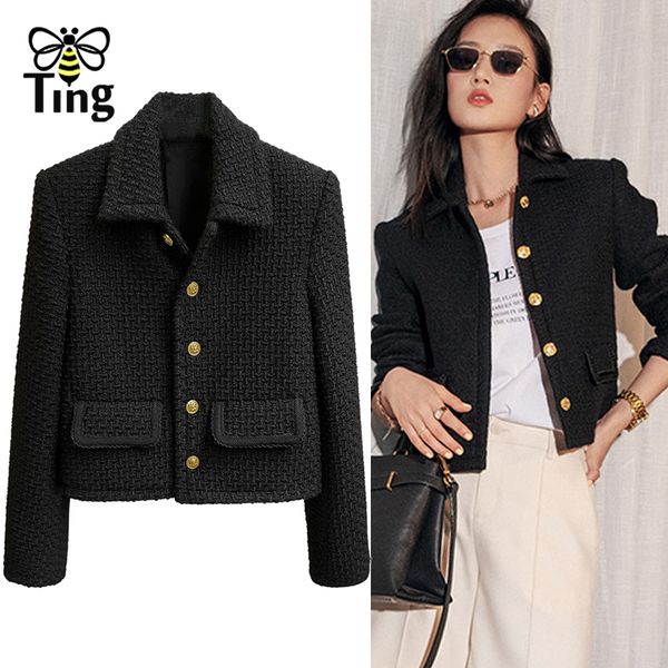

womens jackets tingfly designer winter autunn fashion single breasted jacket coats black color turn down collar slim casual tweed outerwear, Black;brown