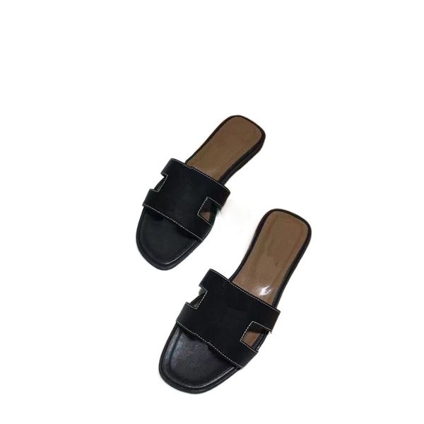 

designer slides summer slide leather slippers for woman slipper flat slides sandal women flat designer shoes sheepskin palmprint skin flip f, Black