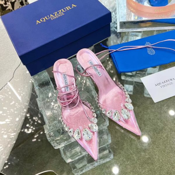 

aquazzura designer sandals new women heels slippers leather crystal diamond pendant wedding dress shoes sliders cambric bandage womens sanda, Black