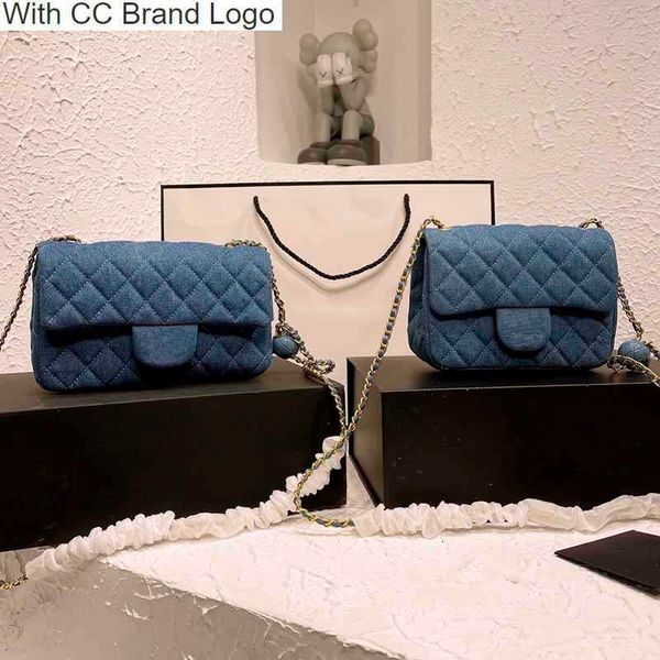 

luxury cc shoulder bags 18cm/20cm luxury flap denim designer bags blue cowboy mini classic handbags gold-tone metal chains golden ball adjus