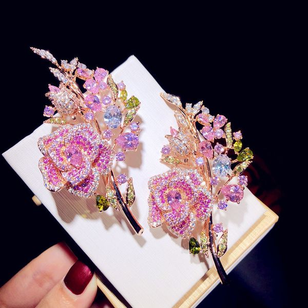 

pins brooches for women 925 luxury rose flower bouquet cubic zirconia boutonniere fine jewelry accessories brooch 230223, Gray
