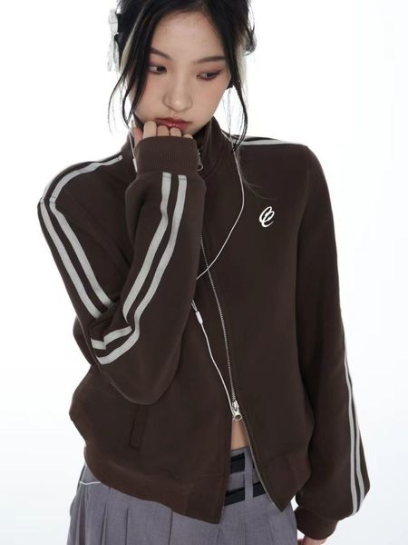 

womens jackets y2k aesthetic cropped women harajuku stand collar slim coats fashion streetwear embroidery all match vintage 230223, Black;brown