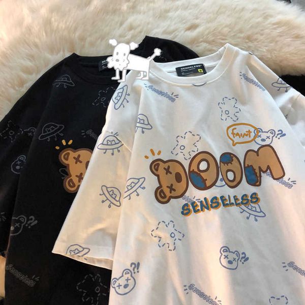 

women's t-shirt salt summer 2021 new kawaii bear print letter short-sleeved t-shirt female korean version loose oversized harajuku casu, White