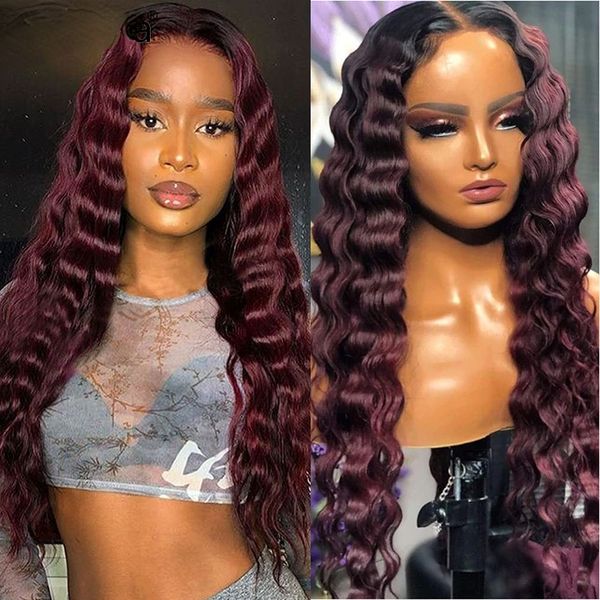 

deep wave lace front human hair wigs for women brazilian 99j burgundy hd transparent lace frontal wig curly human, Black