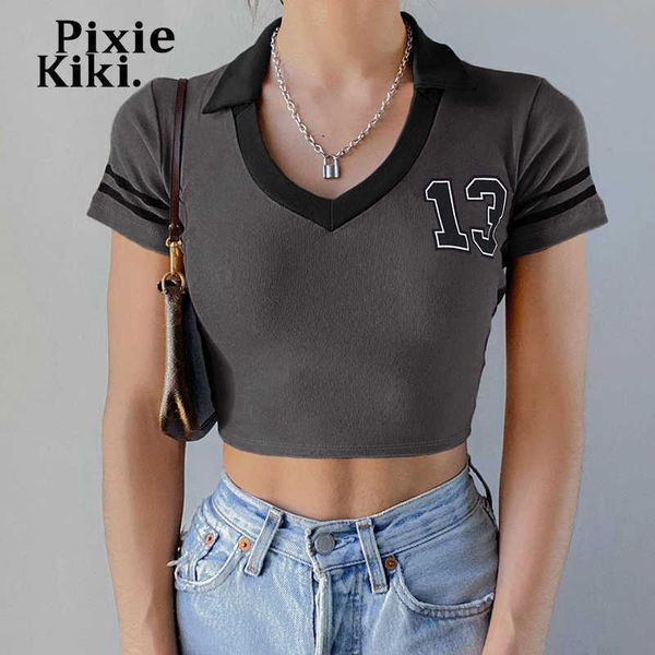 

women's t-shirt pixiekiki vintage y2k crop women streetwear 90s v neck short sleeve tees casual graphic t shirts gray p67-be10 l230223, White