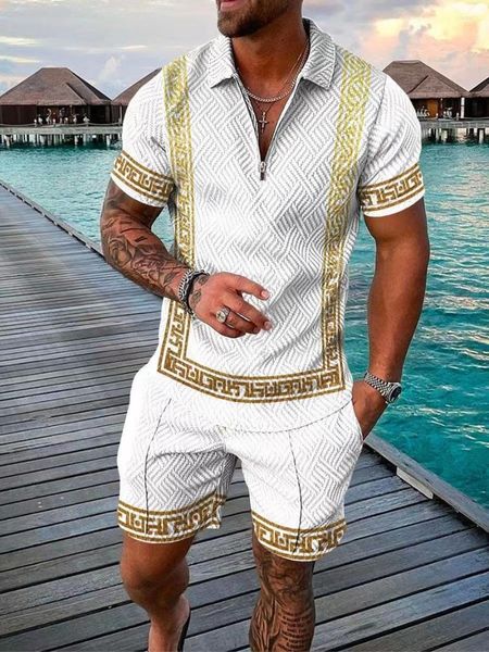 

men's suits men's summer tracksuit luxury gold chain polo shirt set turn down collar zipper clothing streetwear casual outfit suit, White;black