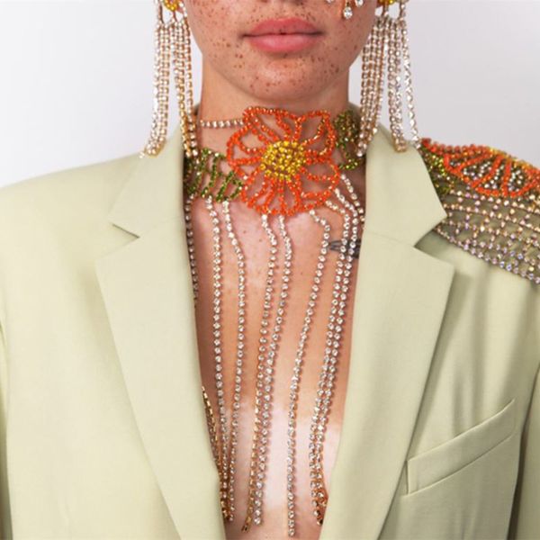 

pendant necklaces gorgeous leaf flower irregular choker necklace party jewelry for women shiny crystal big collar long tassel 230223, Silver