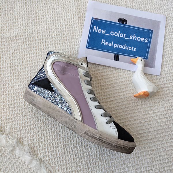 

new release fashion super ball star sneakers shoes women high shoes mid slide luxury sequin classic white black purple do-old dirty goldens
