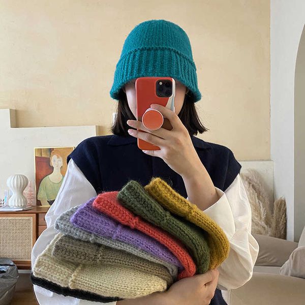 

wide brim hats new handmade crochet knitted hat winter warm women hat solid color fashion retro thicken casual bucket hat woman panama l2302, Blue;gray