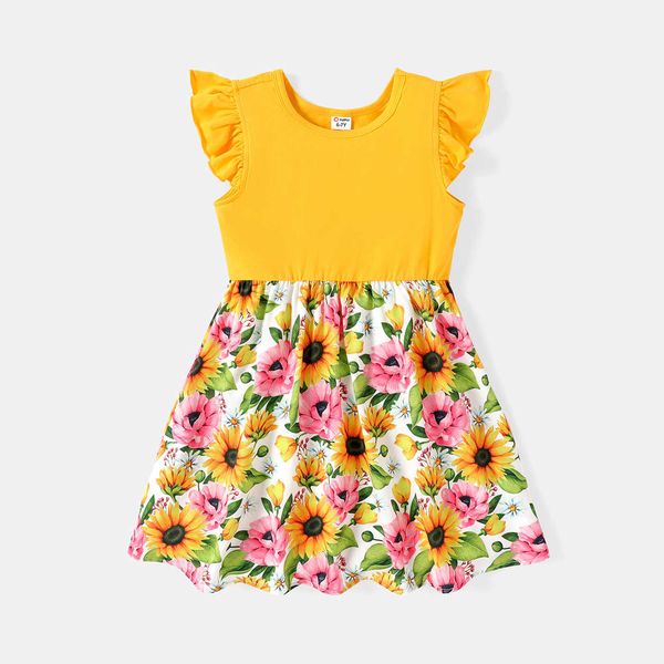 

girl's dresses kid girl floral print split fluttersleeve dress z0223, Red;yellow