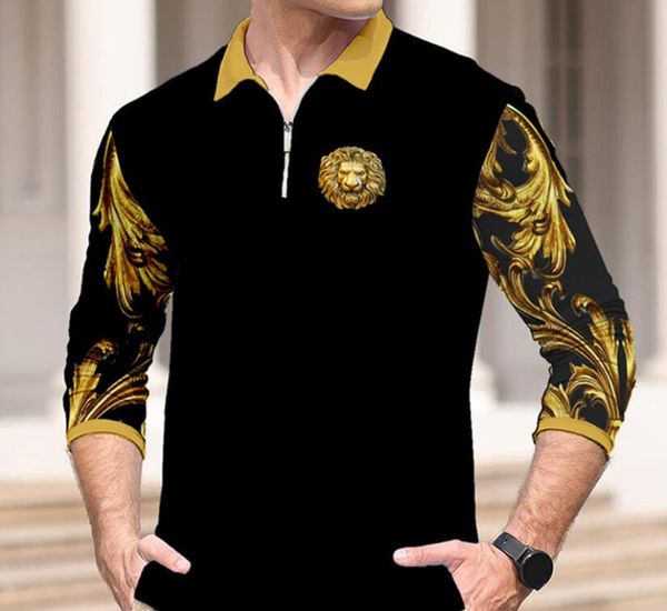 

men's shirts polos luxury collar shirts prom male clothing slim fit tee 5xl baroque print half zipper lapel pullover loose t-shirts, White;black