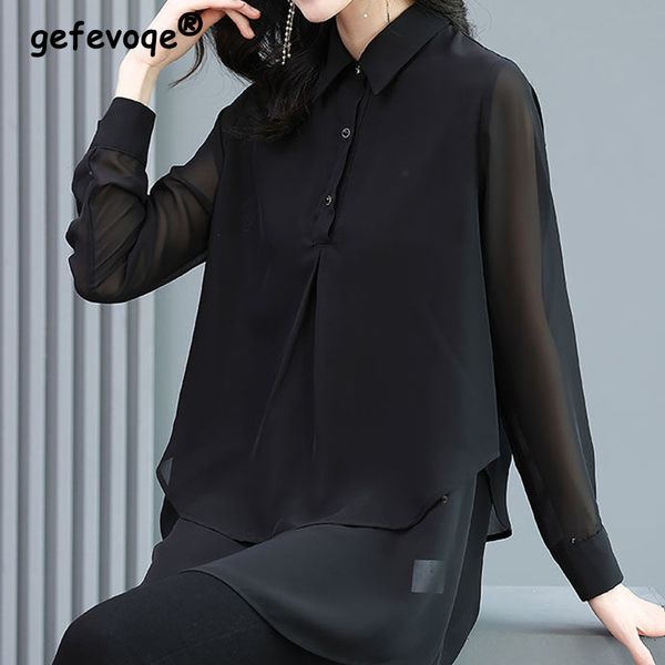 

women's blouses shirts spring autumn korean style black elegant fashion double layer pullover casual chiffon shirt women lapel long sle, White