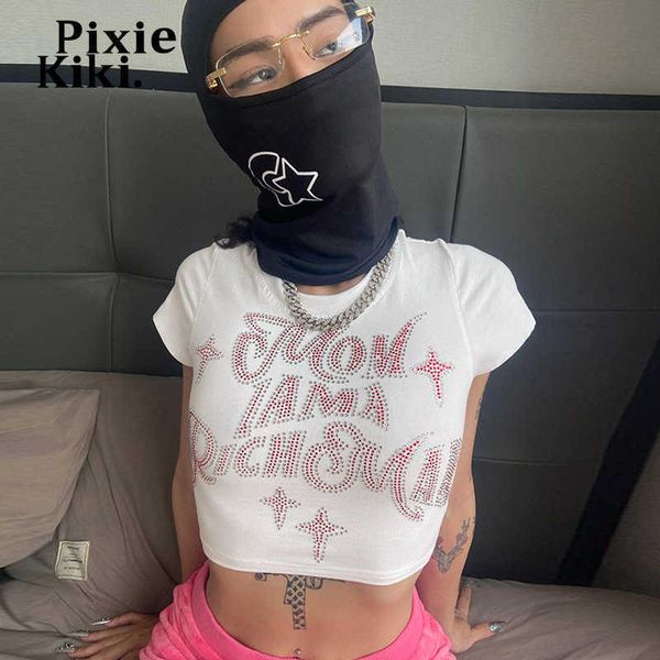 

women's t-shirt pixiekiki rhinestone letter crop for womens cute summer graphic t shirts white baby tee y2k streetwear p16-ai10 l23022