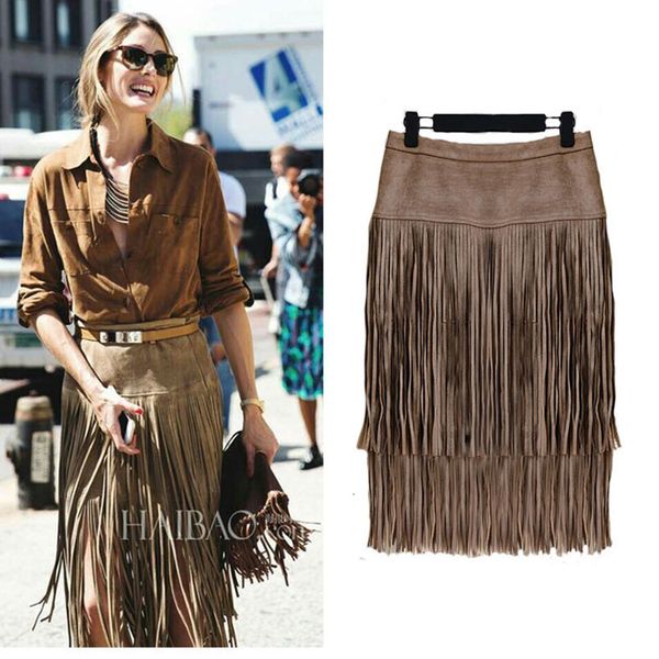 

skirts fashion vintage heavy hierarchical high waist straight leather skirt fringed suede tassel saias womens 230223, Black
