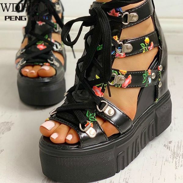 

sandals ins print leisure wedges women's shoes summer women platform shoelaces high heels casual woman 4243 230224, Black