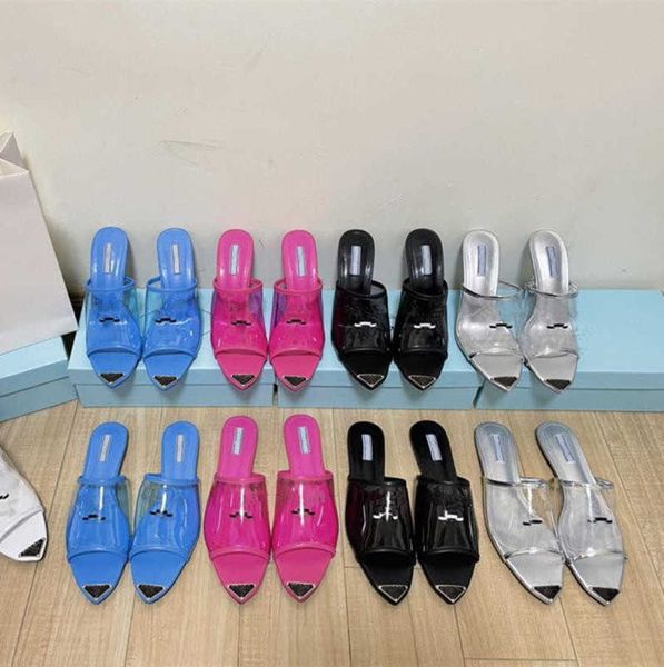 

designer women sandals triangle printed plexiglass heels luxury slides chunky high heel 8cm silver metallic leather transparent slippers, Black