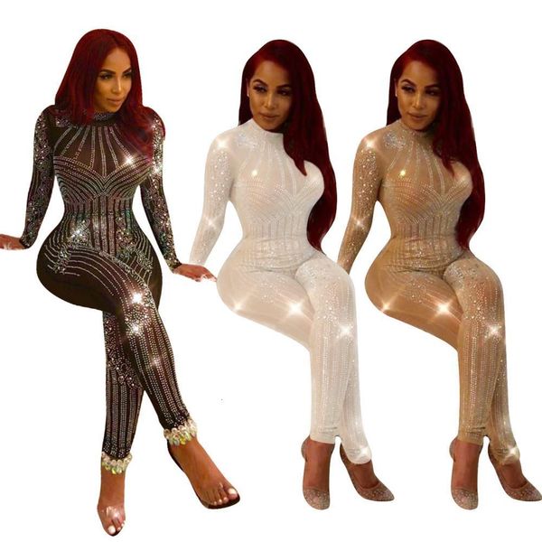 

womens jumpsuits rompers sheer mesh diamond night party club bodycon jumpsuit women casual sequins see through long sleeve outfit overalls 2, Black;white