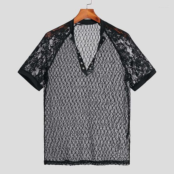 

men's t shirts casual streetwear style men's lace mesh stritching t-shirts stylish male short sleeve camiseta s-5xl 2023, White;black