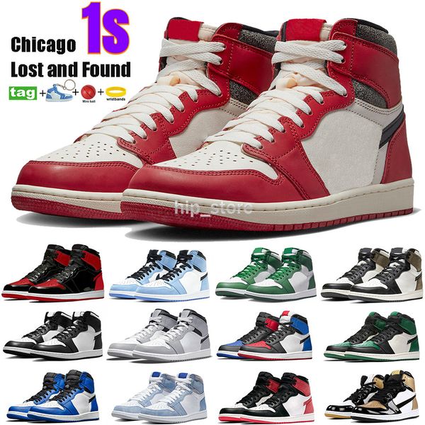 

mens 1 high og 1s retro basketball shoes jumpman lost and found men sneakers university blue patent bred gorge green dark mocha starfish bla, Black
