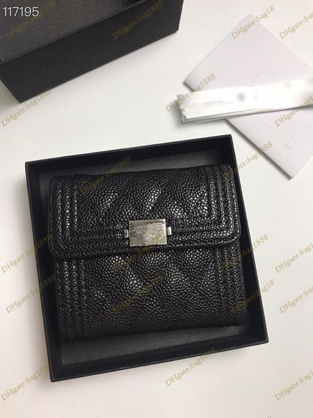 

women's short-folded wallet luxury designer bag fashion caviar leather rhomboid card bag check clip credit card bag, Red;black