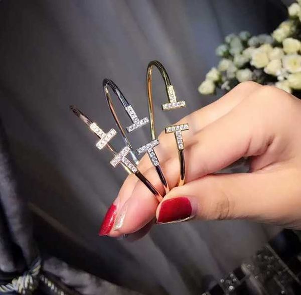 

high version double t-head bracelet rose gold zirconium diamond women's t fashion silver jewelry gift, Black