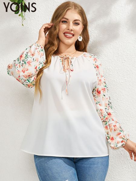 

women's plus size t-shirt yoins plus size women blouses long sleeve autumn floral print elegant crew neck tie-up shirt casual blusas t, Black