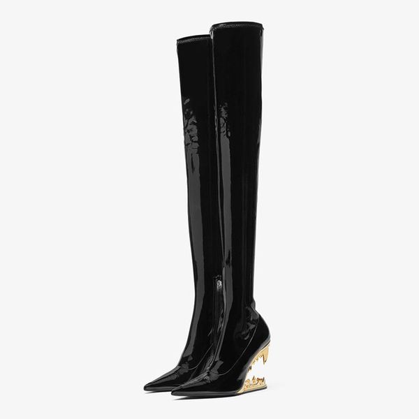 

2023 autumn and winter new women's boots fashion pointed tiger teeth shaped heel thigh elastic boots knee length boots, Black