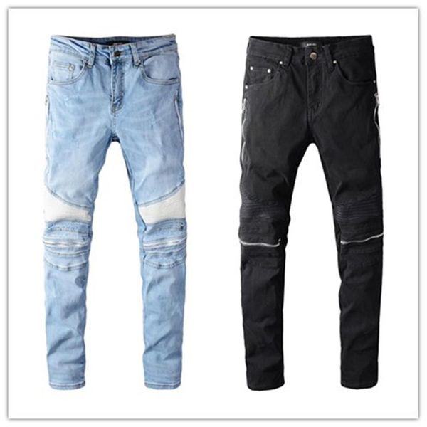 

new arrival mens designer jeans zipper fold patch medal fashion mens jeans slim motorcycle biker hip hop pants size 28270v, Blue
