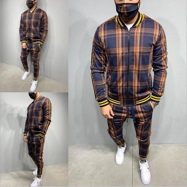 

mens tracksuits men 3d plaid sports suit gentlemen sets jacket man set tracksuit fitness fashion zipper 2 pieces mens sets sportswear suit, Gray