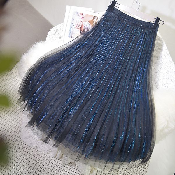 

skirts long shiining pleated skirts slimming mesh skirt bright silk yarn skirt a-line pleated streamer blue skirt princess blingbling 230224, Black