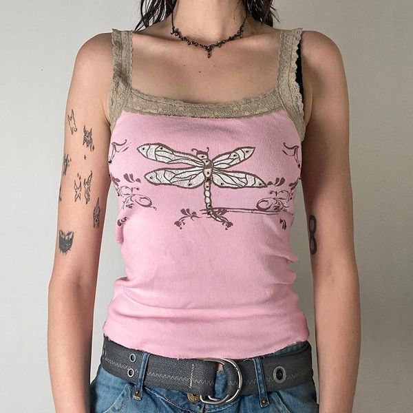 

women s tanks camis y2k dragonfly print pink lace camisole retro summer 90s girls goth edgy clothes y2k tank 230223, White