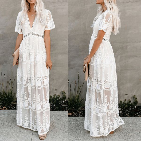 

casual dresses summer boho women maxi loose embroidery white lace long tunic beach dress vacation holiday clothing 230224, Black;gray