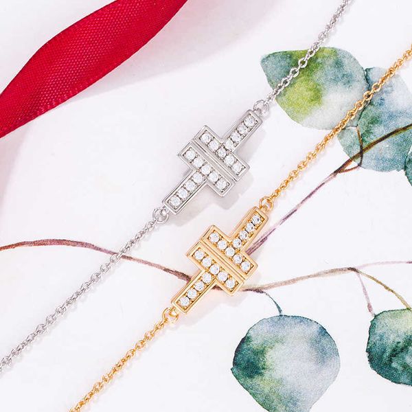 

premium tiffay s925 silver double t bracelet women's light luxury simple temperament full of diamond new high version handwear, Black