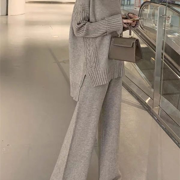 

women's two piece pants jxmyy sweater set women tracksuit spring autumn knitted suits 2 warm turtleneck pullovers wide legs 230223, White