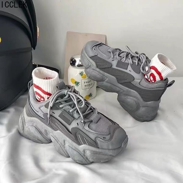 

dress shoes women's chunky sneakers thick bottom platform vulcanize women fashion casual lace up running woman female 230224, Black